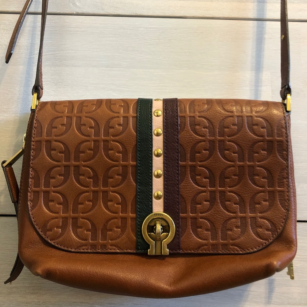 *** Fossil *** Maya Handbag Purse Brown Embossed Leather Logo Crossbody